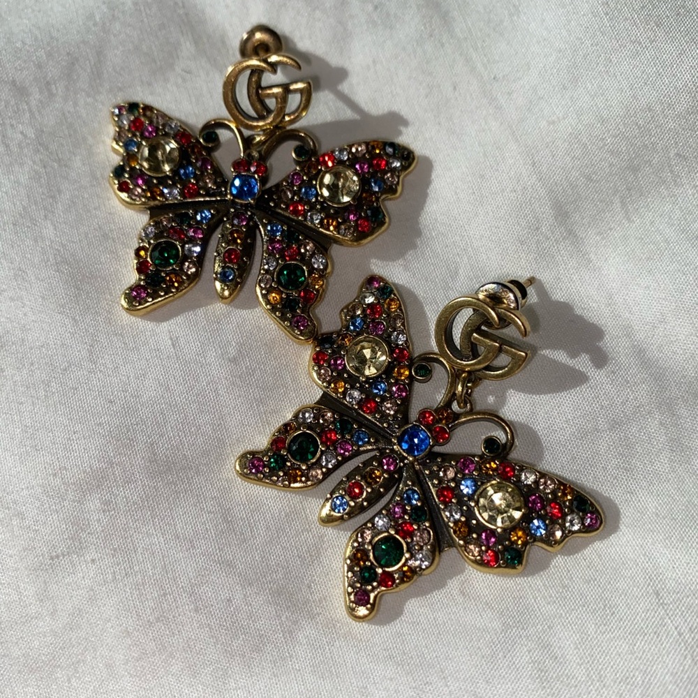Gucci Retro Large Multicolor Crystal Butterfly Earrings, 925 Plated Gold,